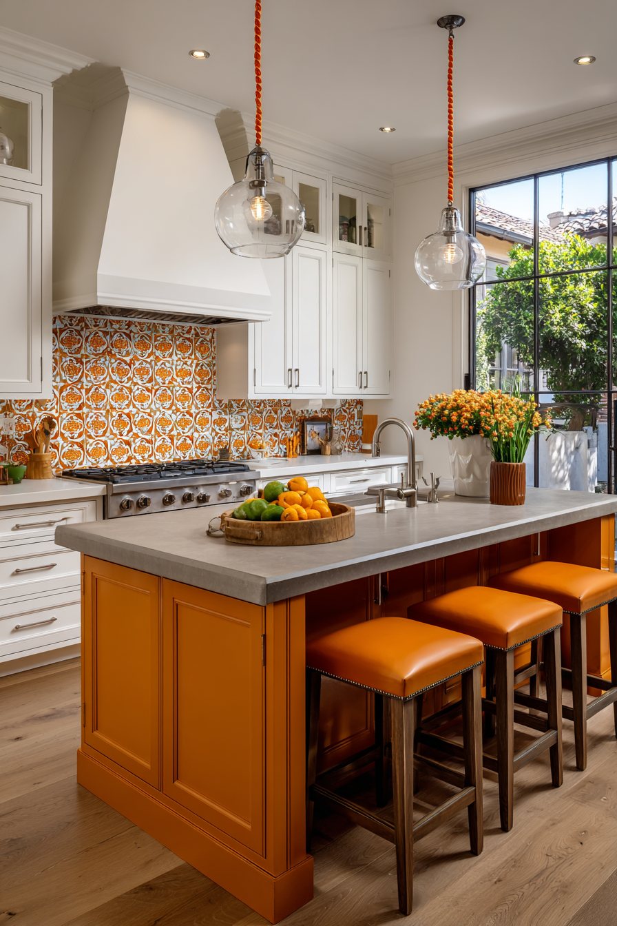 Transitional Orange Island with Shaker Doors
