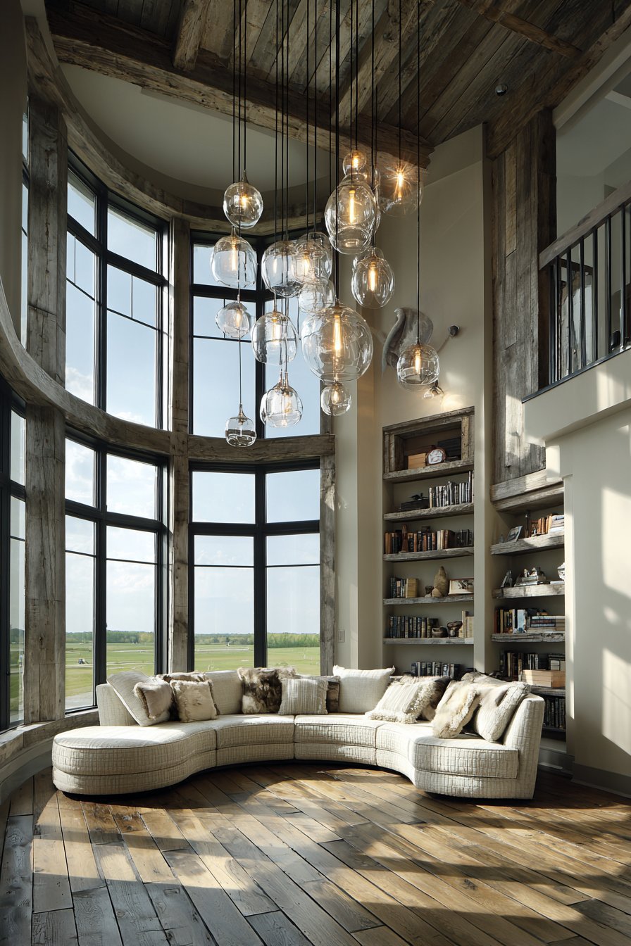 Curved Sofa with Exposed Wooden Beams