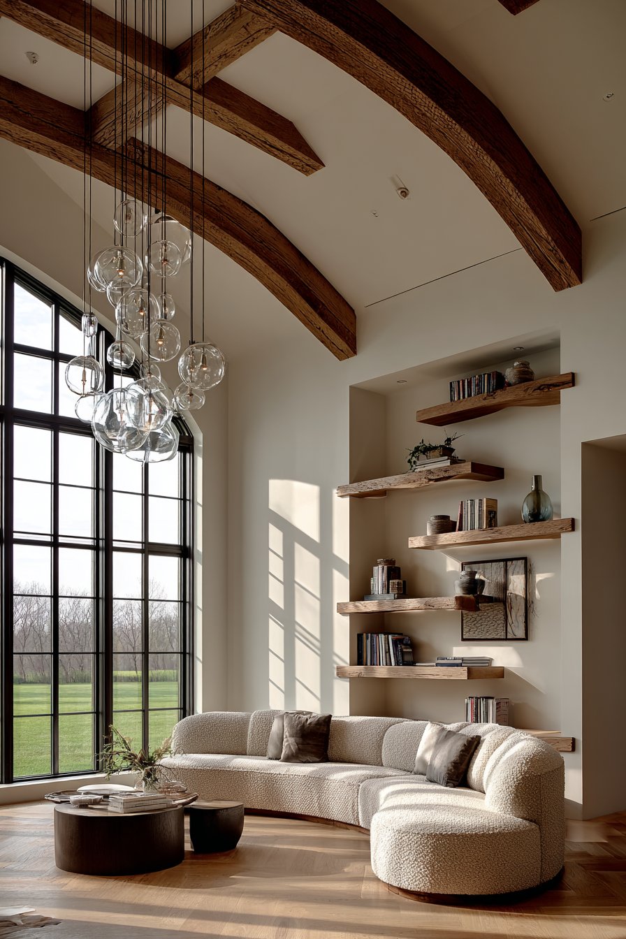 Curved Sofa with Exposed Wooden Beams