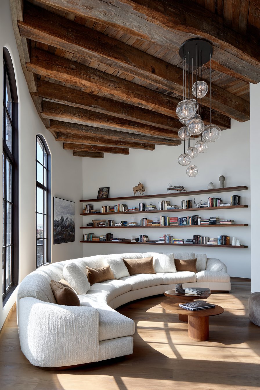 Curved Sofa with Exposed Wooden Beams