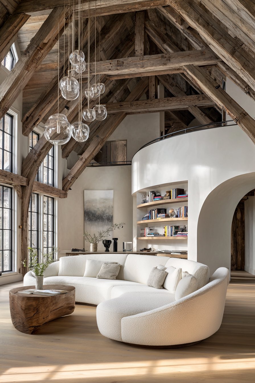 Curved Sofa with Exposed Wooden Beams