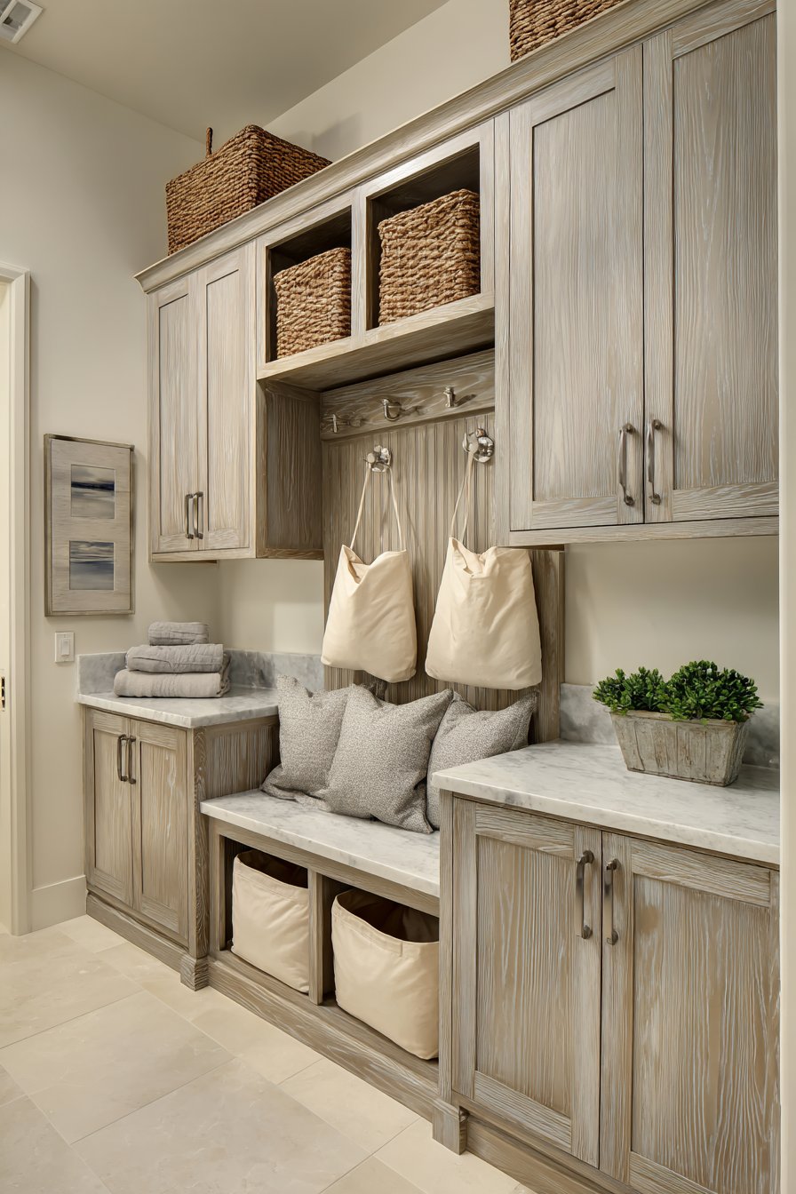 Transitional Grey-Washed Wood with Built-In Bench