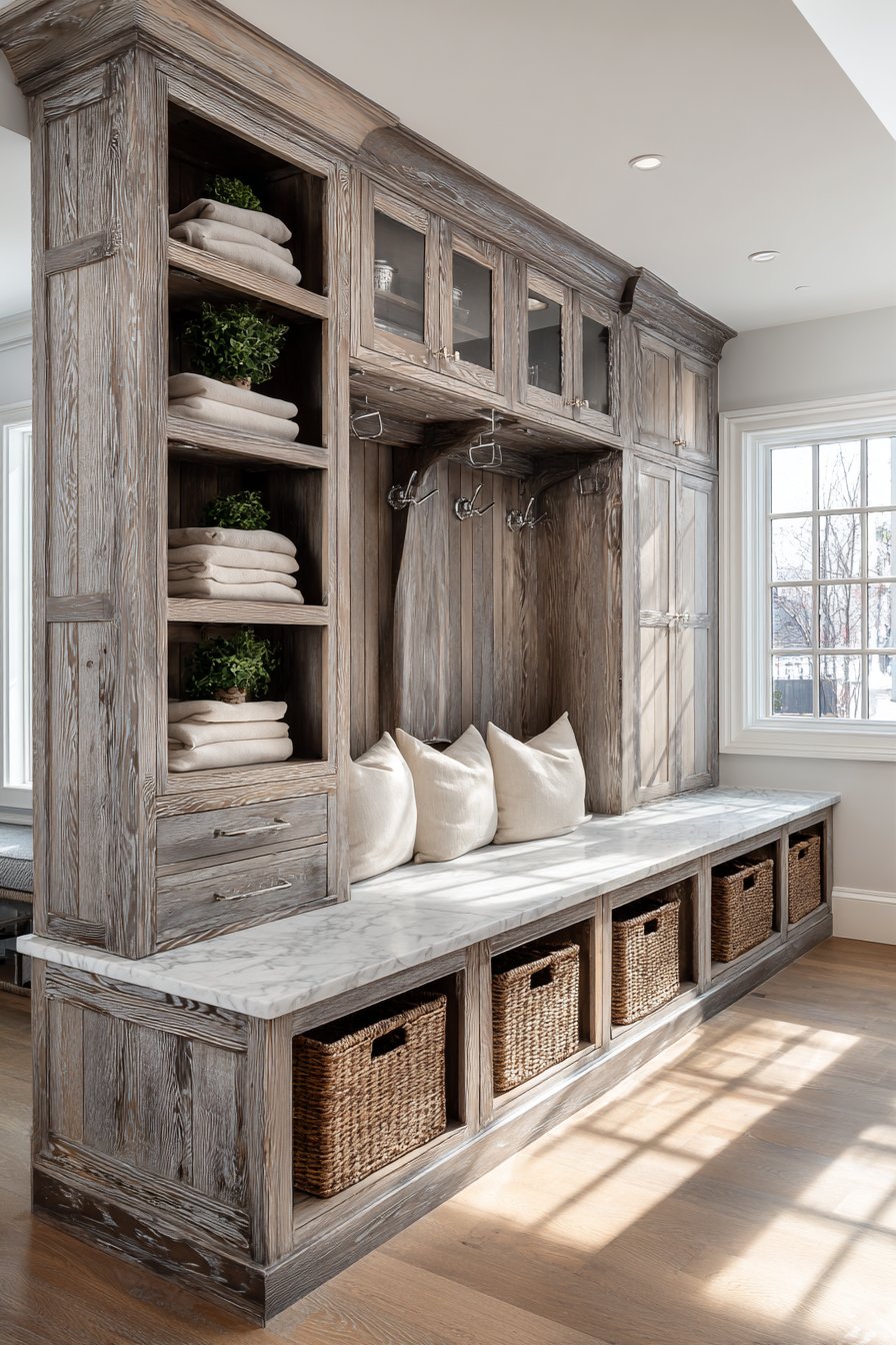 Transitional Grey-Washed Wood with Built-In Bench