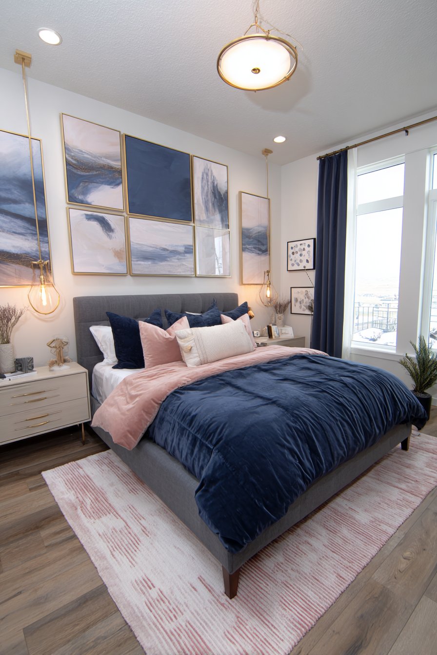 Glam Navy and Rose Gold Bedroom
