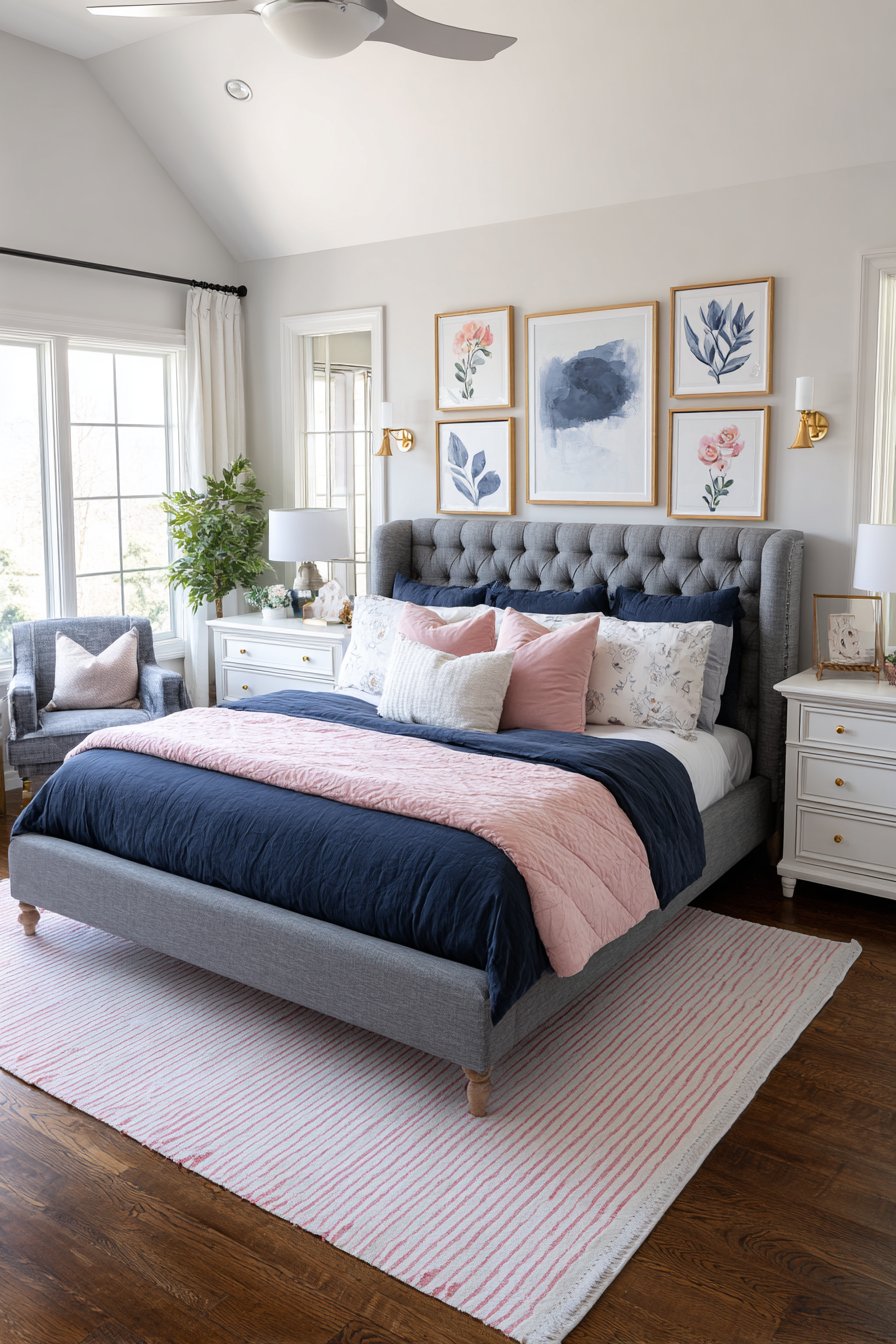 Glam Navy and Rose Gold Bedroom