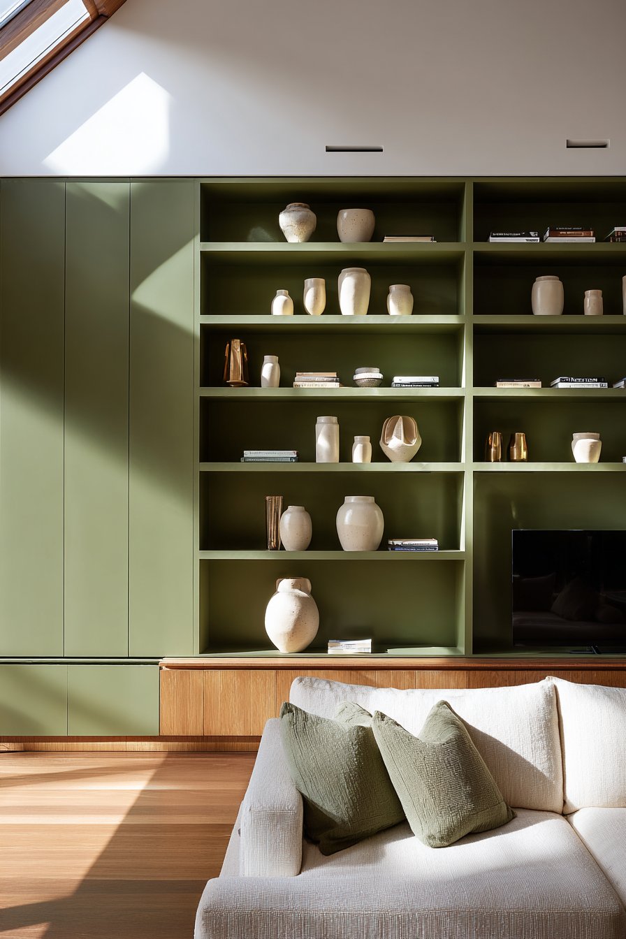 Contemporary Living Room with Built-In Shelving