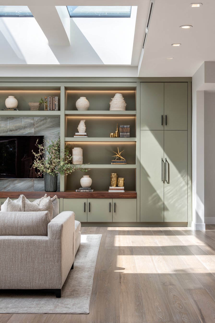 Contemporary Living Room with Built-In Shelving