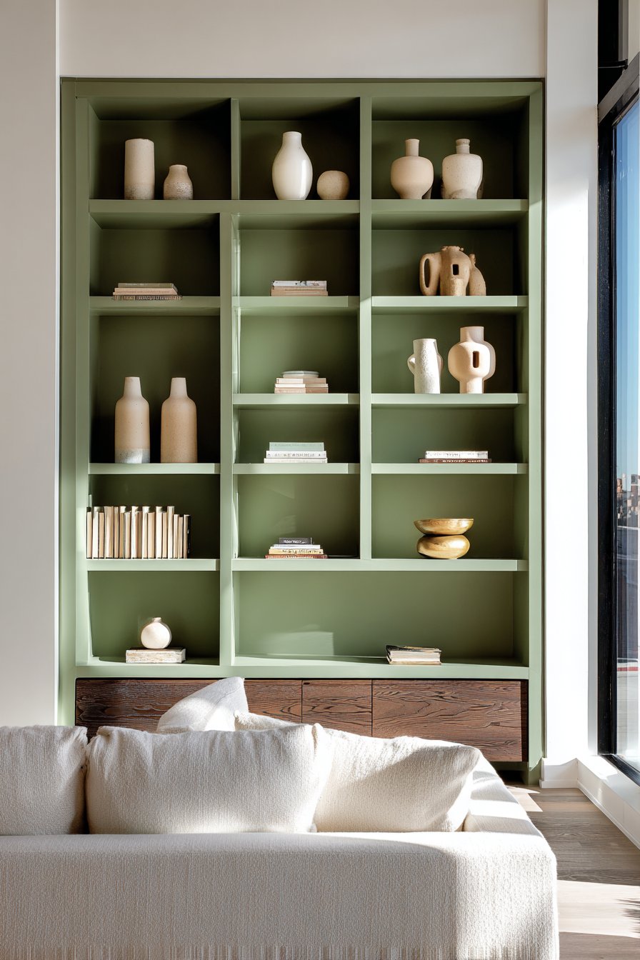 Contemporary Living Room with Built-In Shelving
