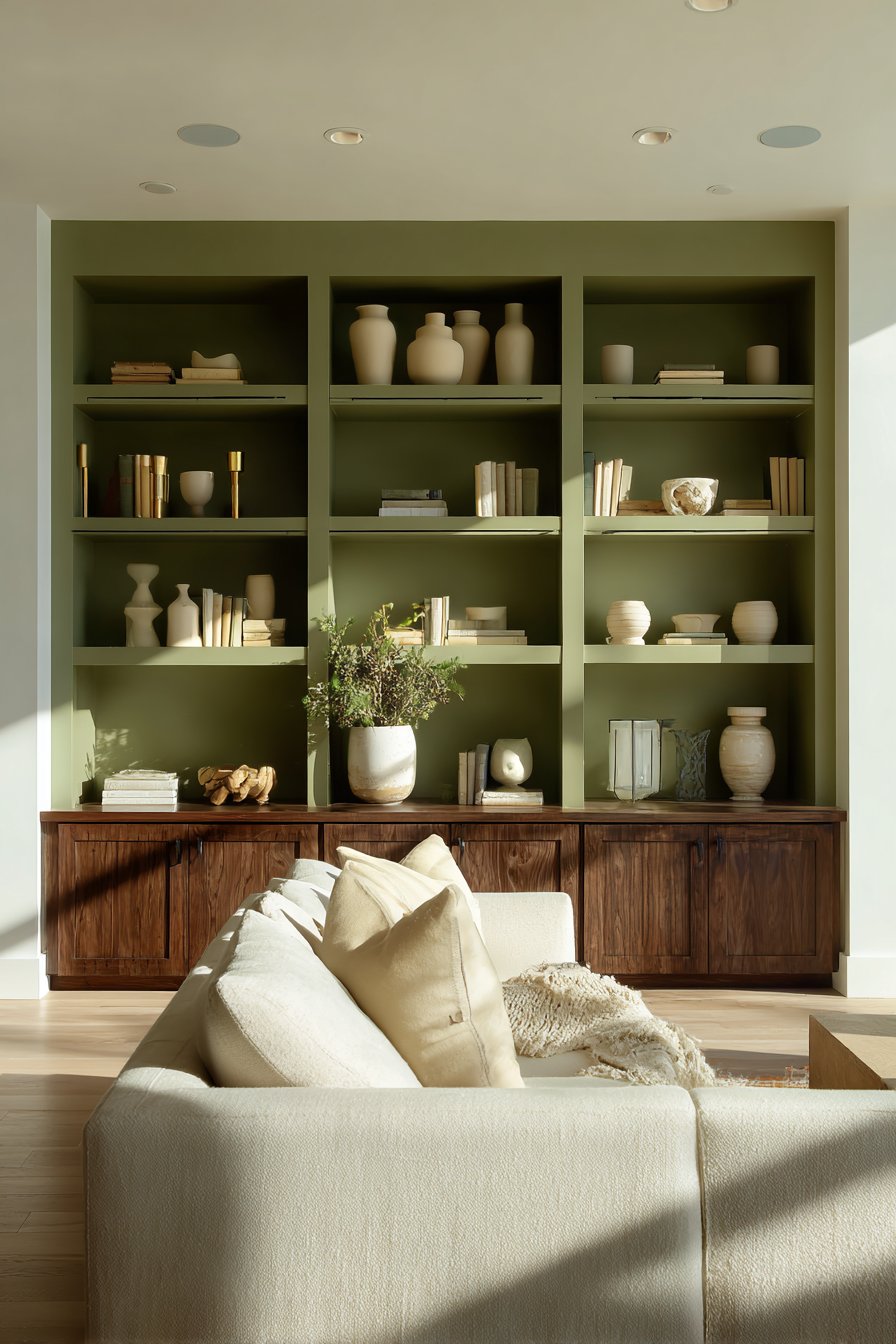 Contemporary Living Room with Built-In Shelving