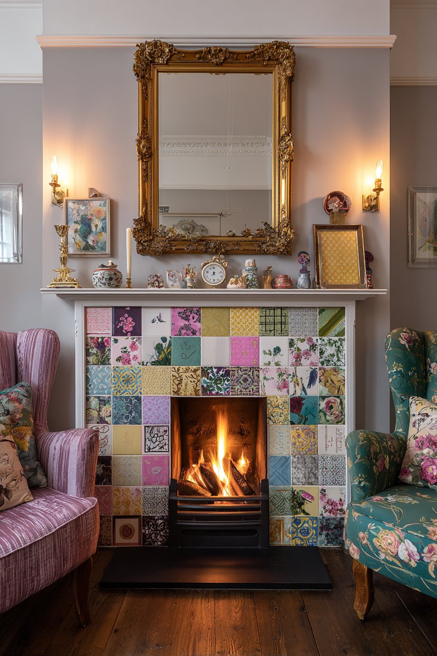 Patchwork Tile Fireplace Focal Point