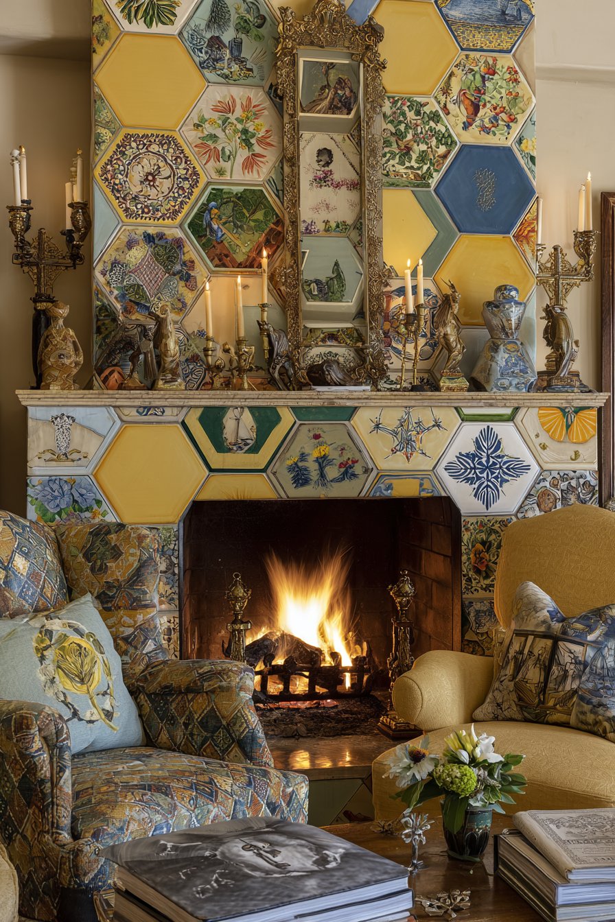 Patchwork Tile Fireplace Focal Point