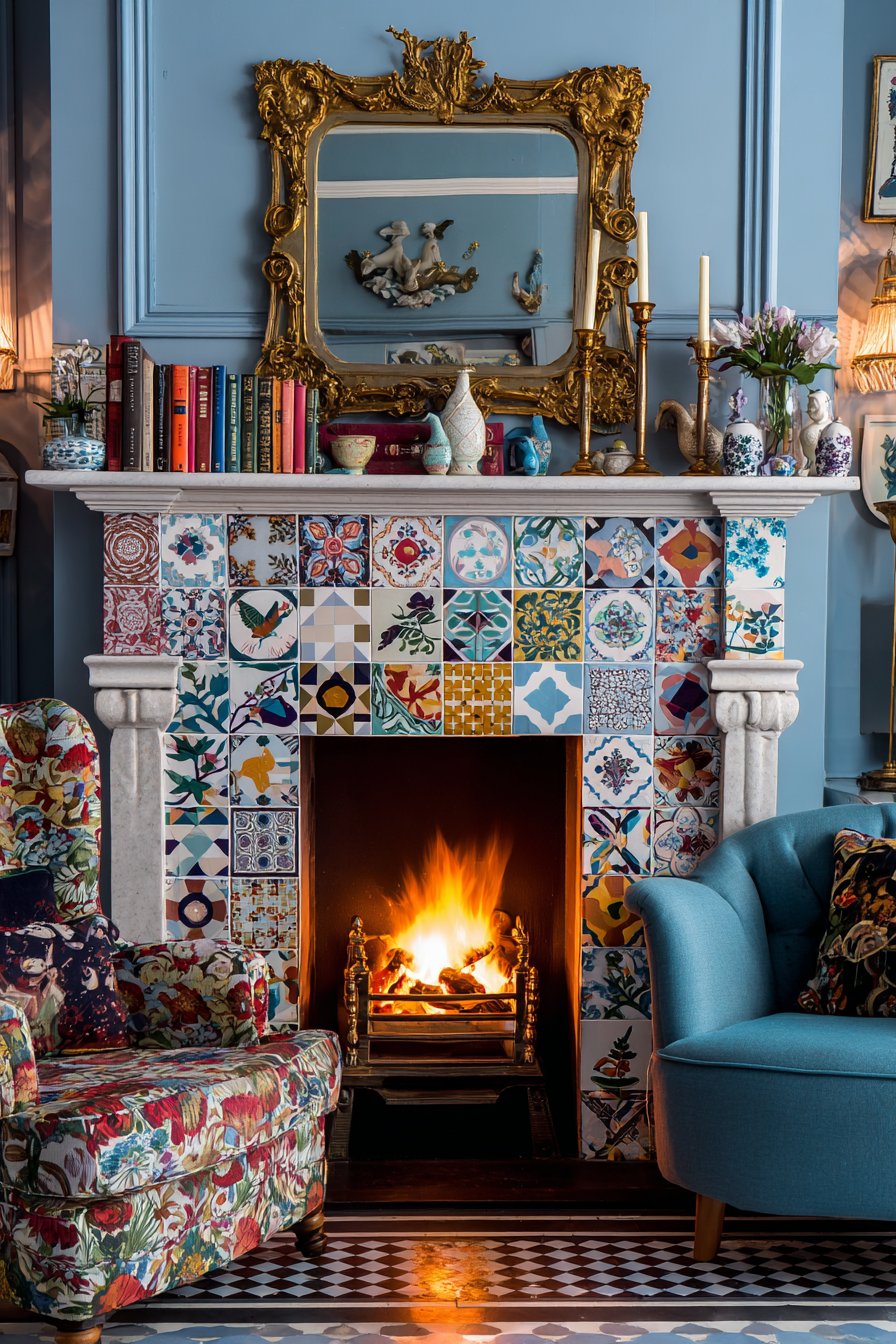 Patchwork Tile Fireplace Focal Point