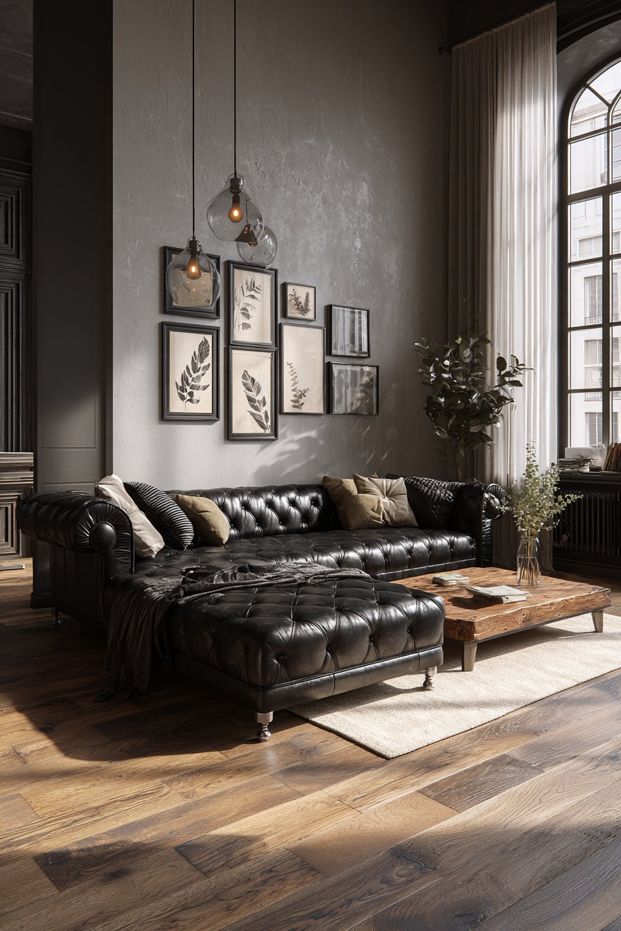 Black leather sofa living room
