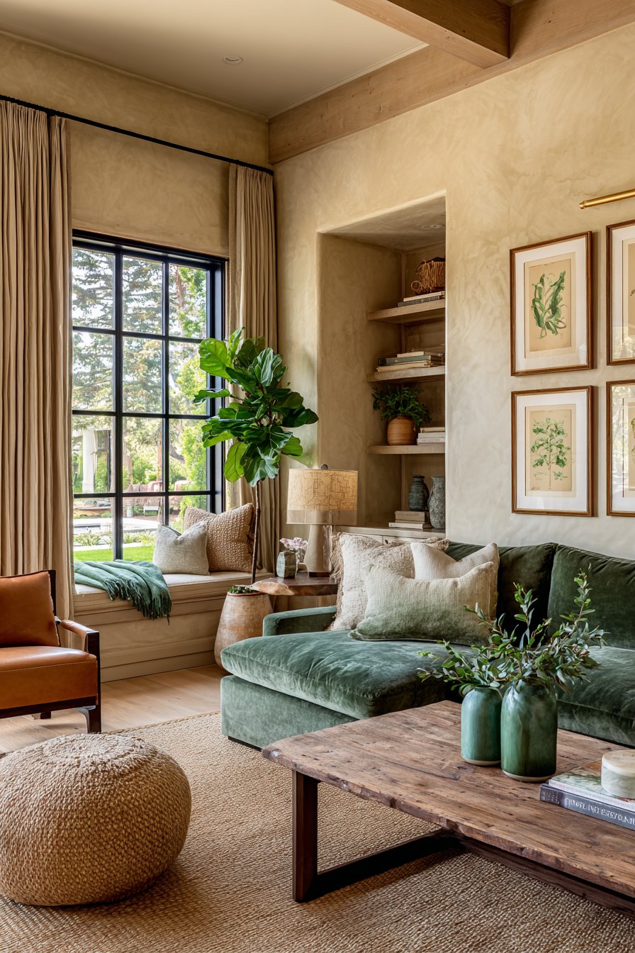 Tan and green living room