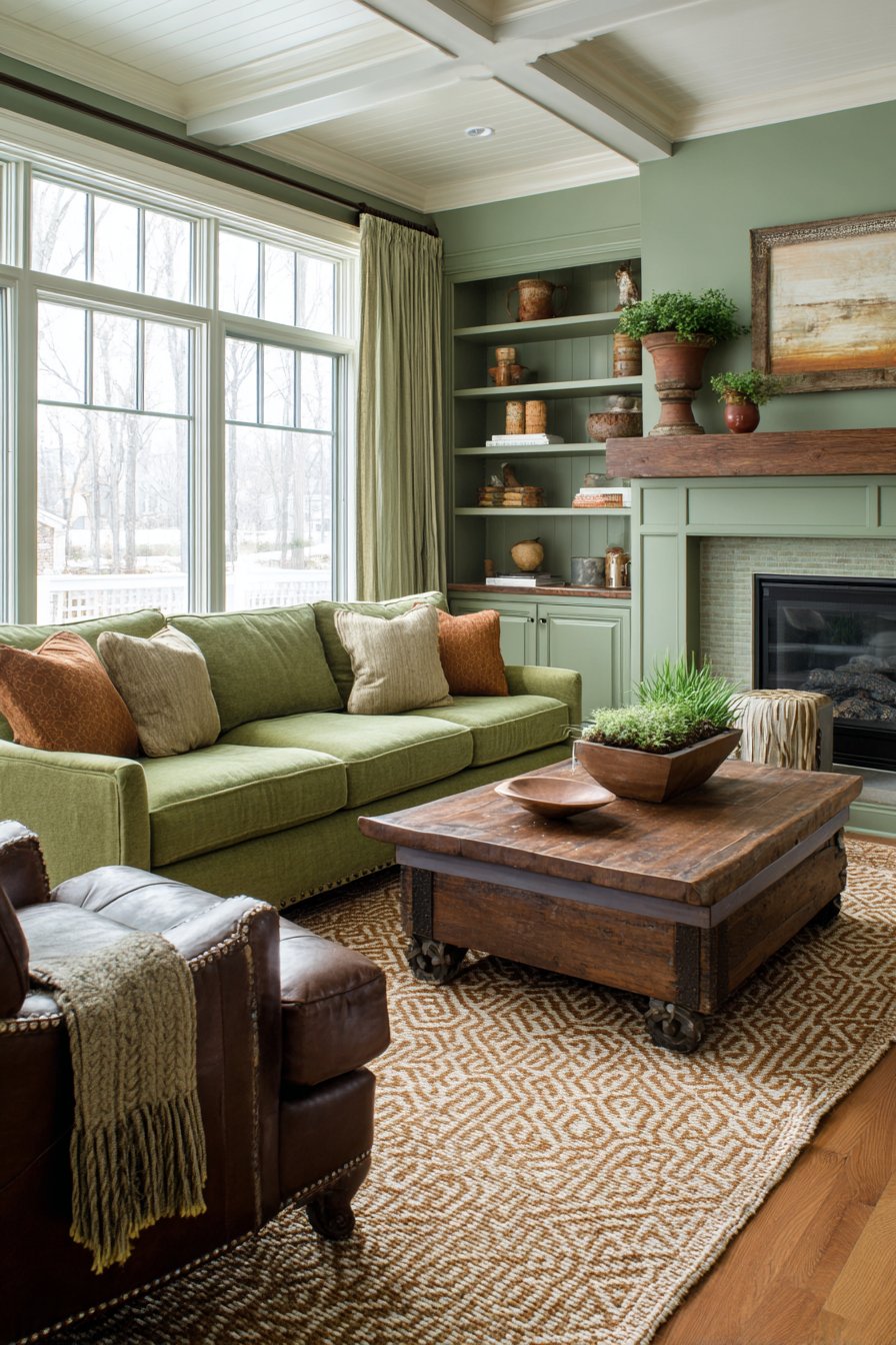 Sage green and brown living room