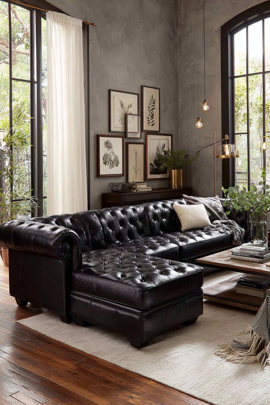 Black leather sofa living room