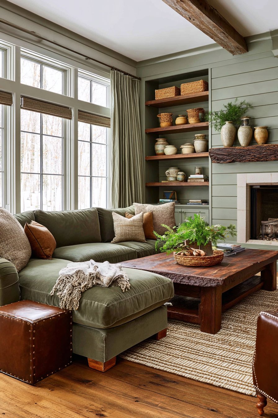 Sage green and brown living room