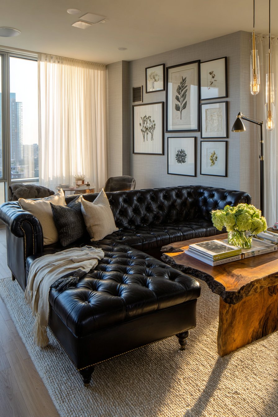 Black leather sofa living room