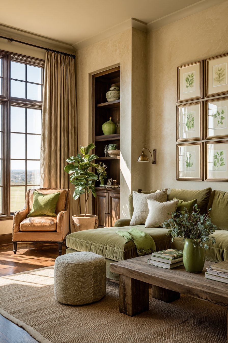 Tan and green living room