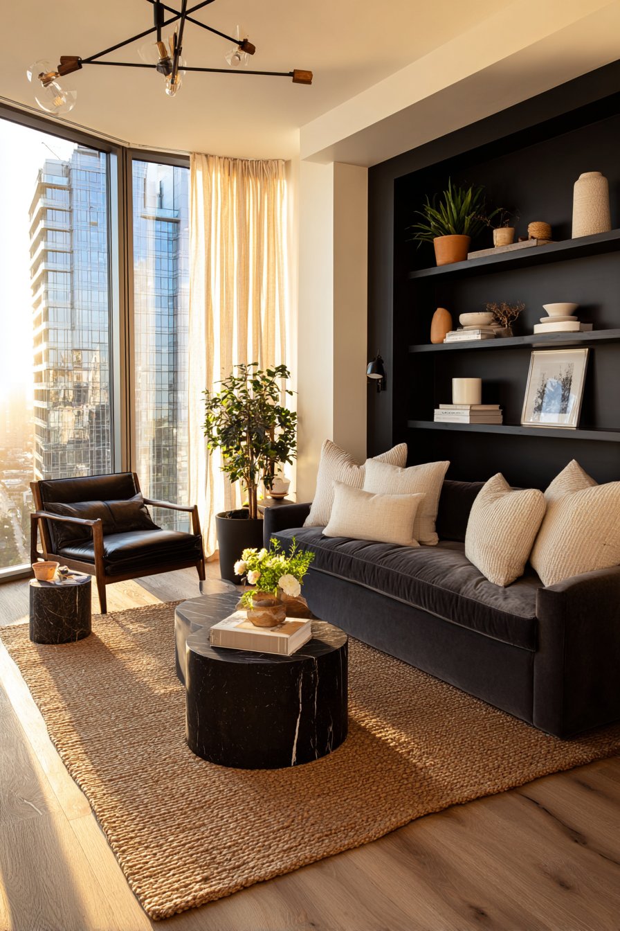 Black and neutral living room