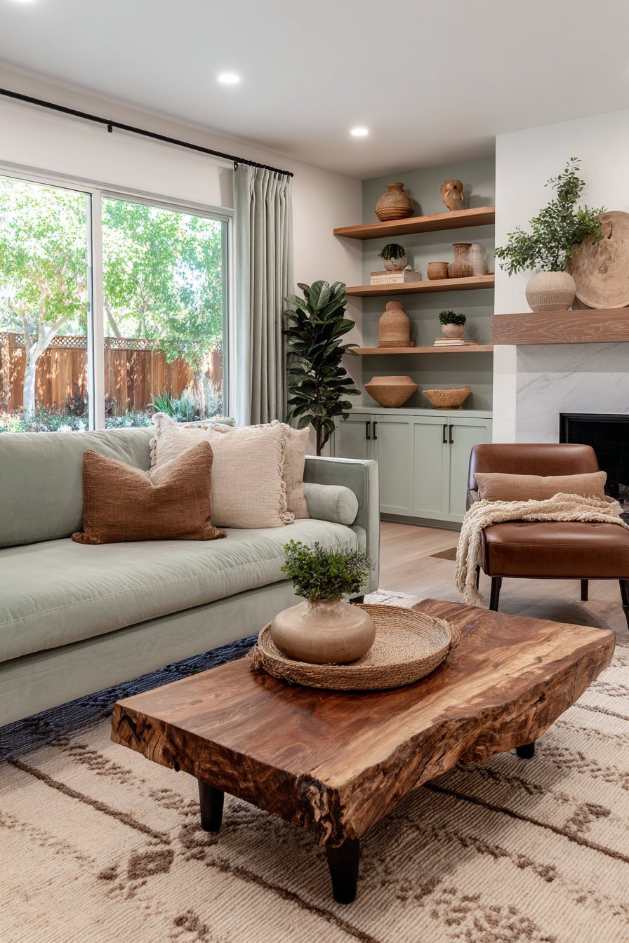 Sage green and brown living room