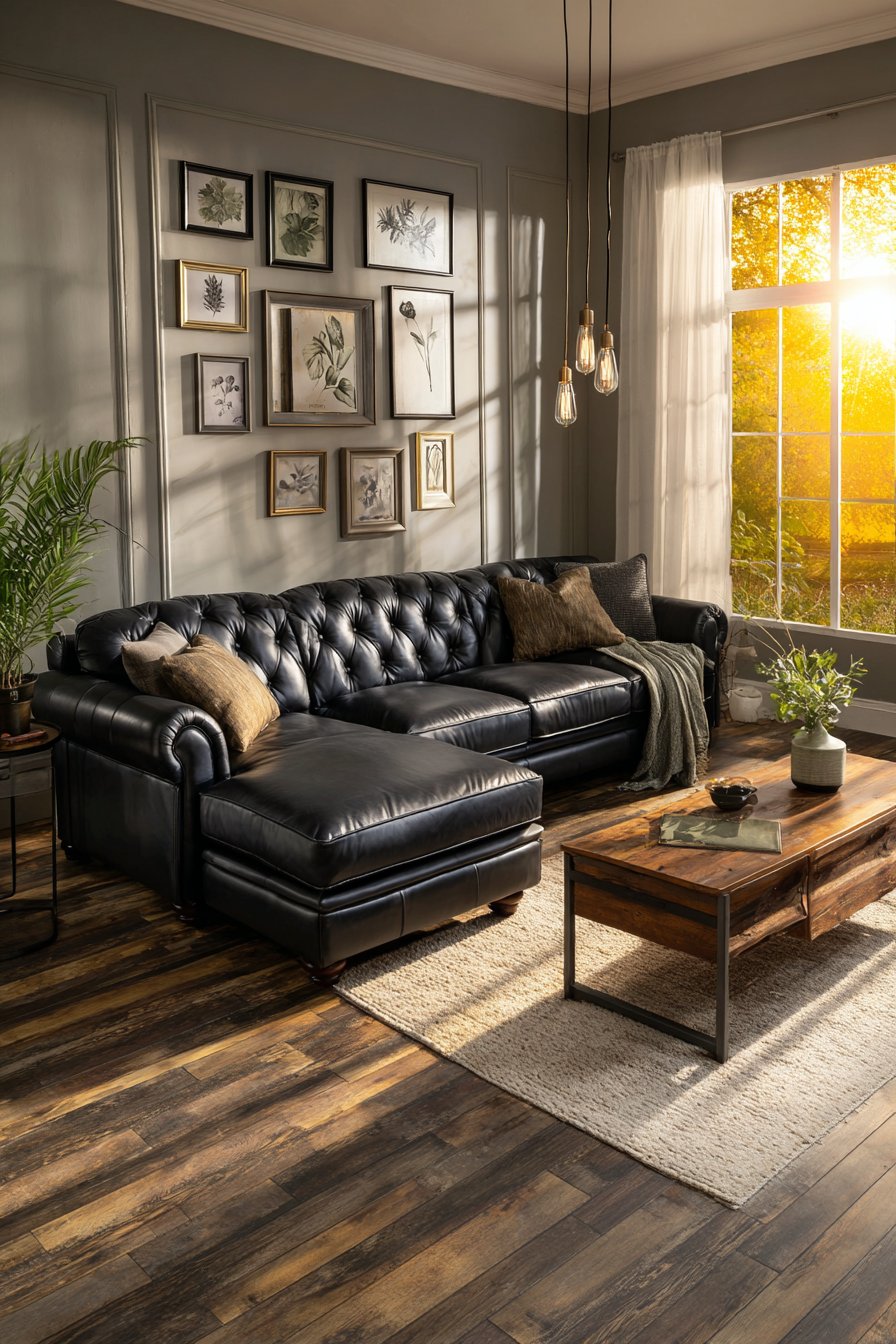 Black leather sofa living room