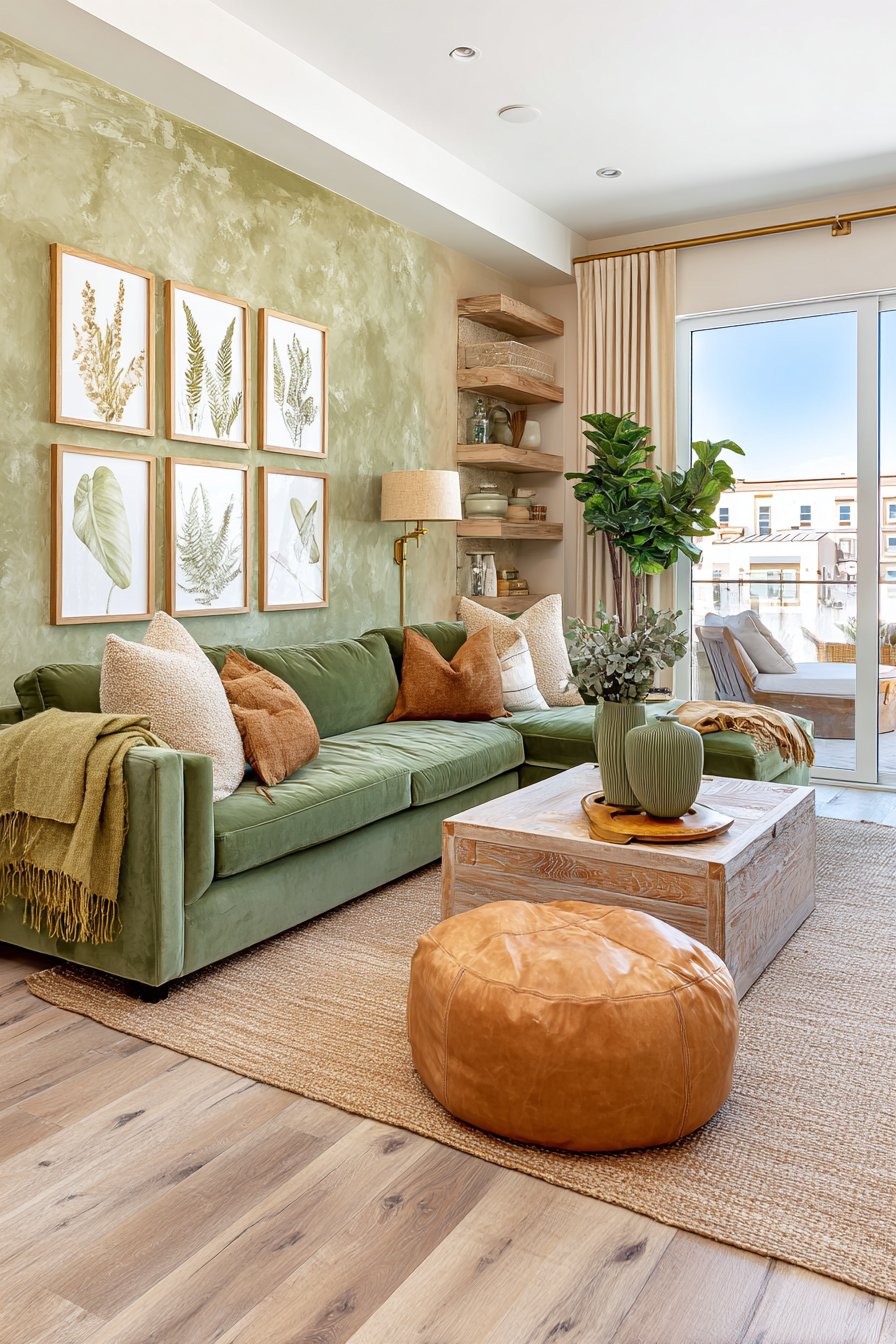 Tan and green living room