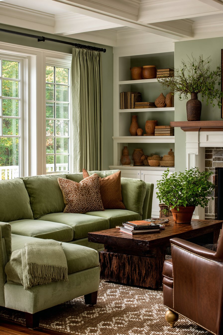 Sage green and brown living room
